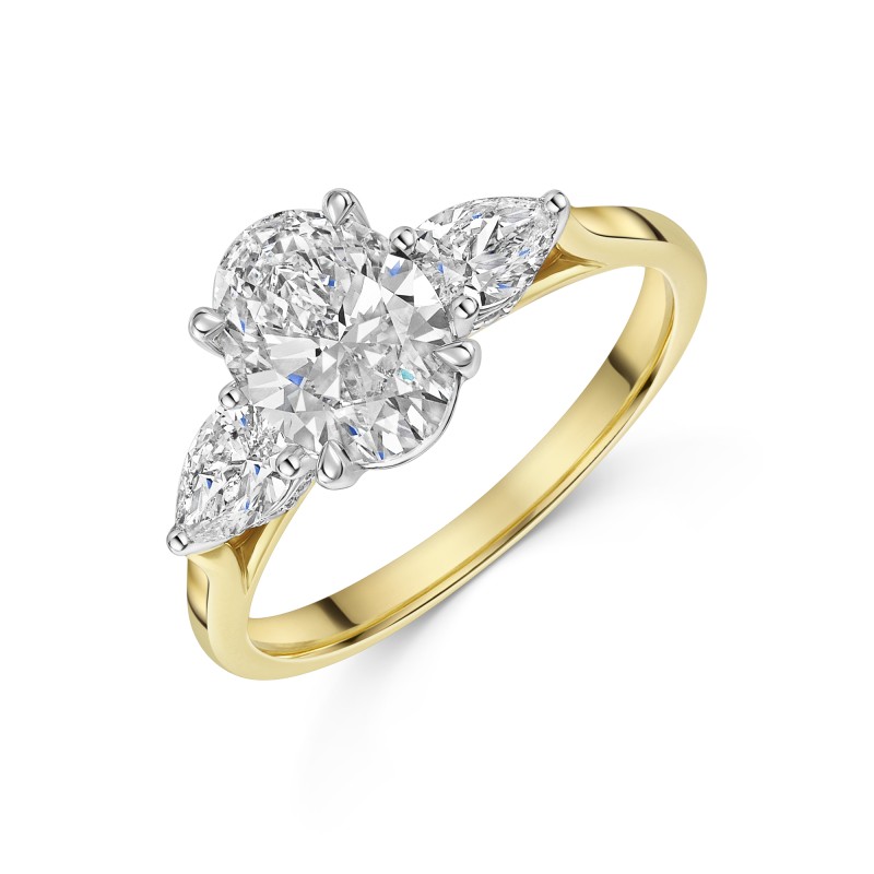 18ct Yellow Gold Oval & Pear 2ct Lab Grown Diamond Three Stone Ring