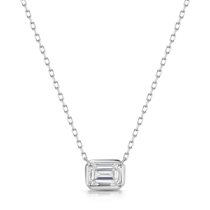 9ct White Gold Lab Grown Emerald Cut 1.00ct Diamond Rub Over Pendant