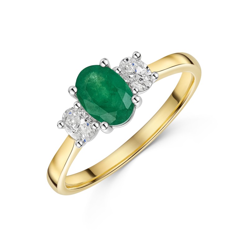 9ct Yellow Gold 0.70ct Oval Emerald and 0.50ct Oval Lab Grown Diamond 3 Stone Ring