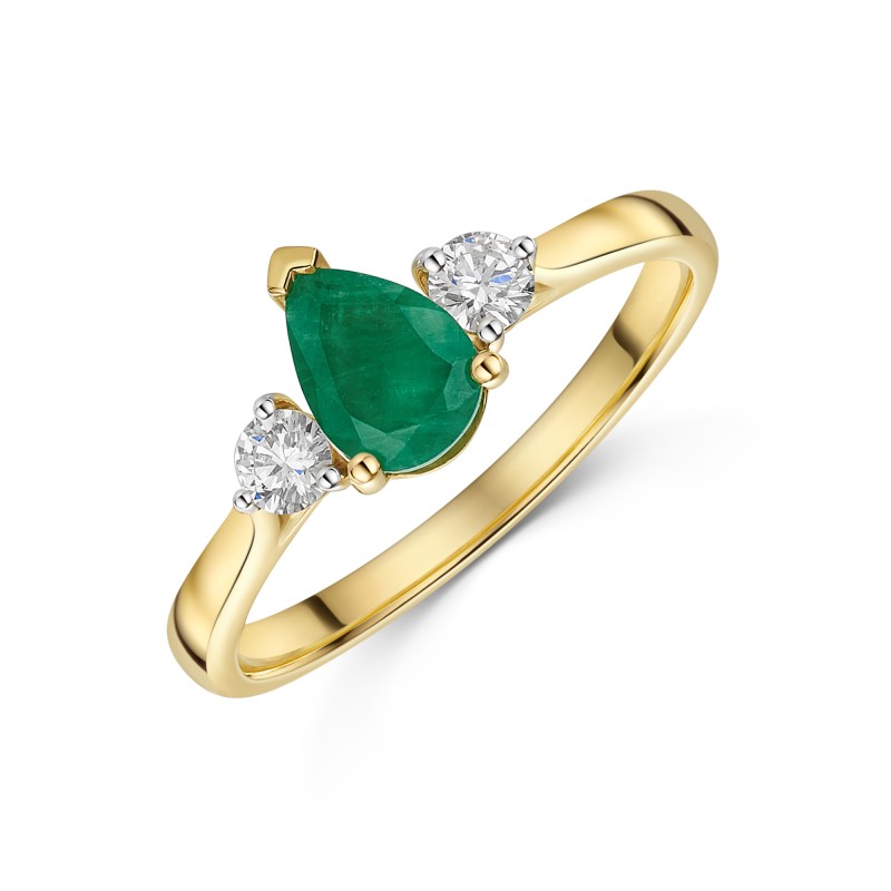 9ct Yellow Gold 0.70ct Pear cut Emerald and 0.20ct Round Brilliant Lab Grown Diamond 3 Stone Ring