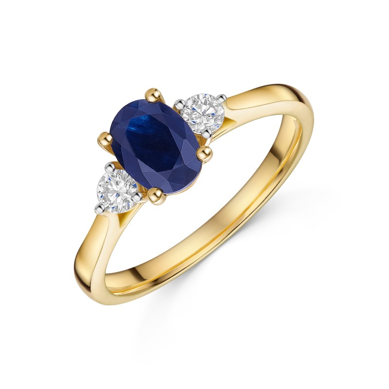 9ct Yellow Gold 0.70ct Oval Sapphire and 0.20ct Round Brilliant Lab Grown Diamond 3 Stone Ring