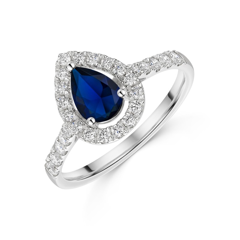9ct White Gold 0.9ct Pear Cut Sapphire Ring with 0.45ct Lab Grown Diamond Halo and Shoulders 