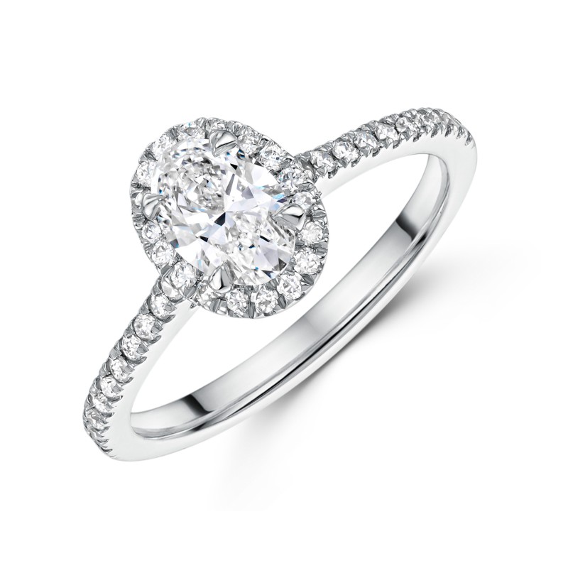 Platinum Lab Grown 0.75ct Oval Diamond Halo Shoulders Ring