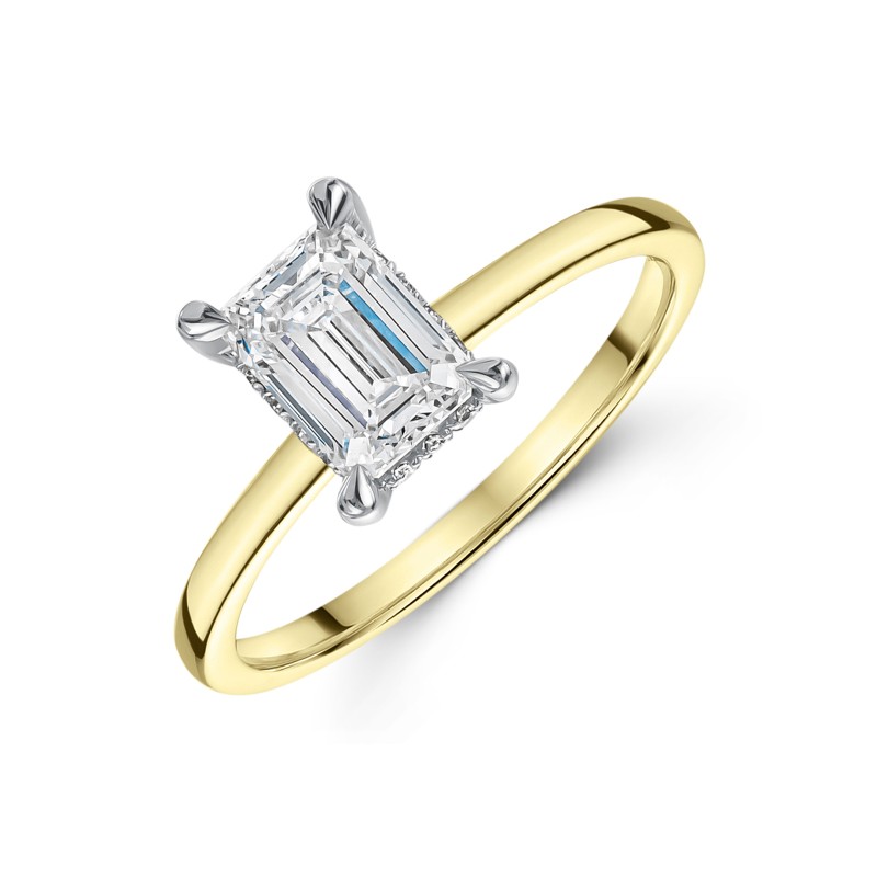18ct Yellow Gold Lab Grown 1.00ct Emerald Cut Hidden Halo Solitaire Ring