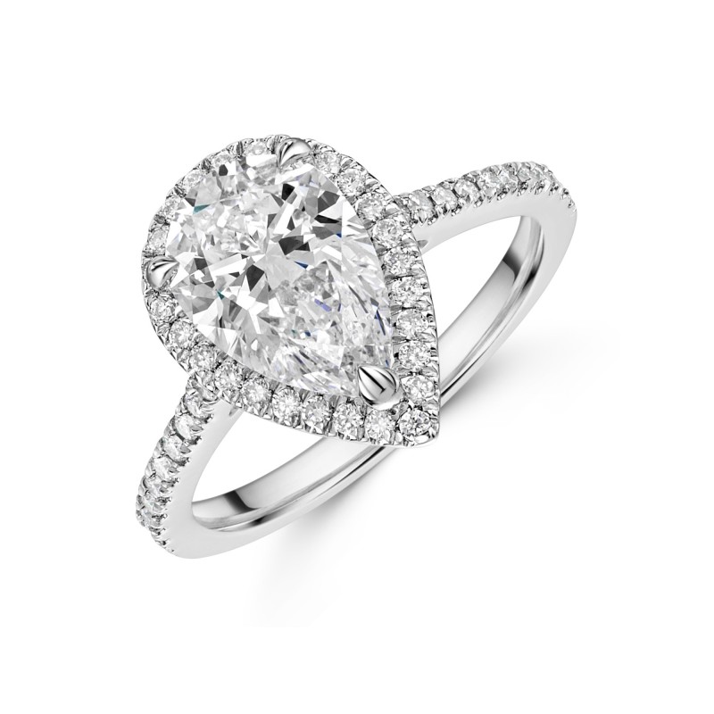 Platinum Lab Grown 2.00ct Pear Diamond Halo Shoulders Ring