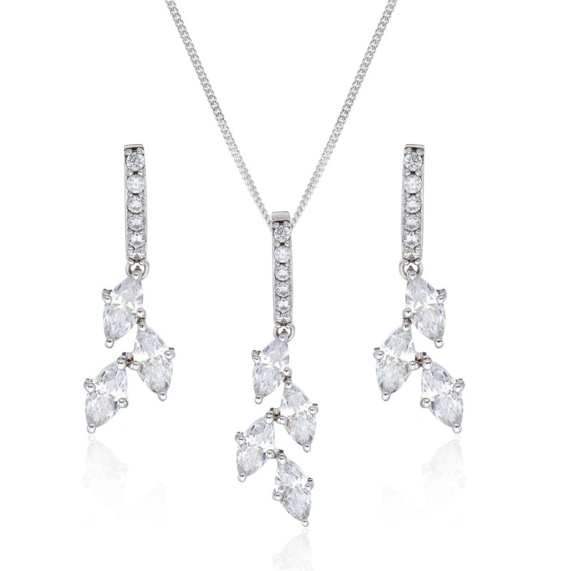 Silver Marquise Cubic Zirconia Drop Pendant Necklace and Earrings Set 