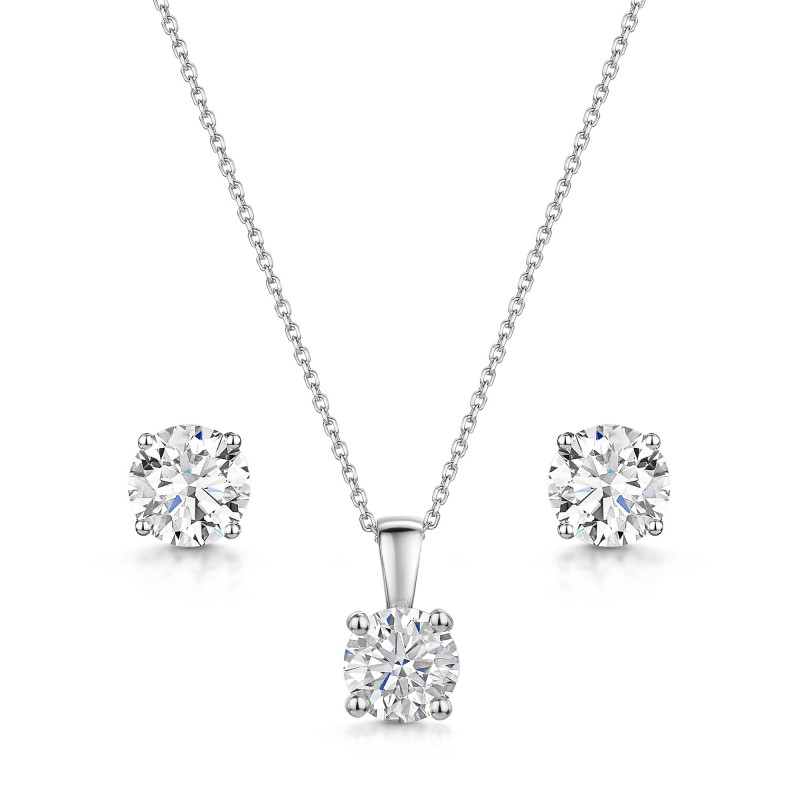 Platinum Round Brilliant Lab Grown Diamond Pendant Necklace and Earrings Set