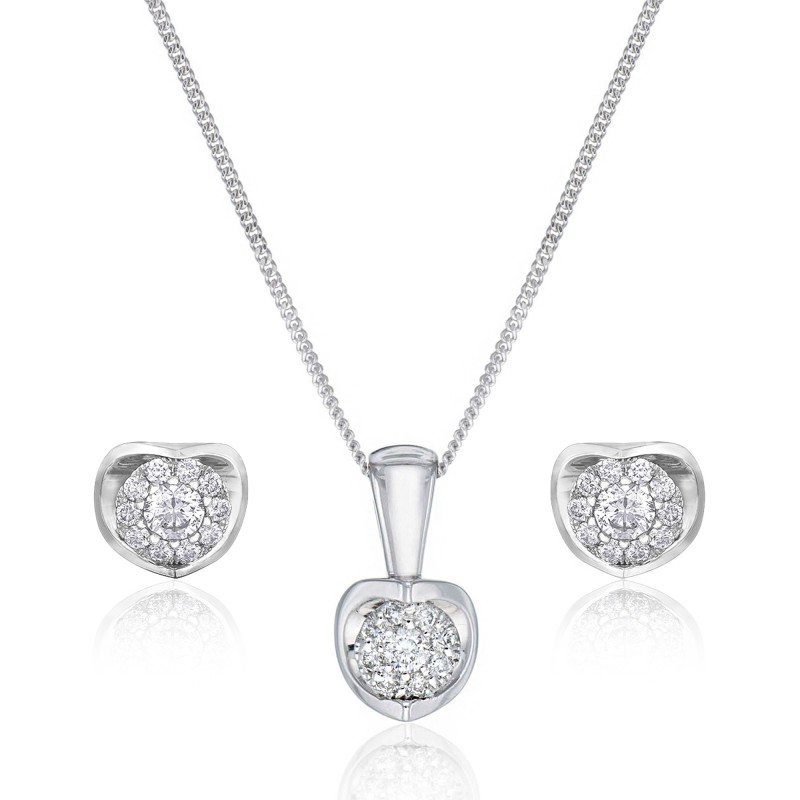 9ct White Gold Round Brilliant Open Cluster Diamond Pendant Necklace and Diamond Earrings Set
