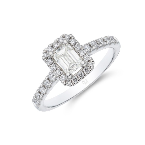 Platinum Emerald Cut 0.80ct Diamond Halo Ring