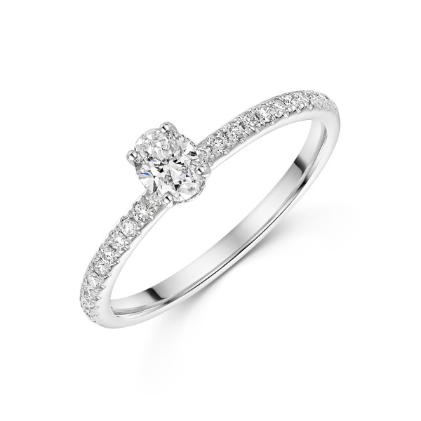 Platinum Oval Cut 0.33ct Diamond Tulip Set Solitaire Ring with Diamond Shoulders