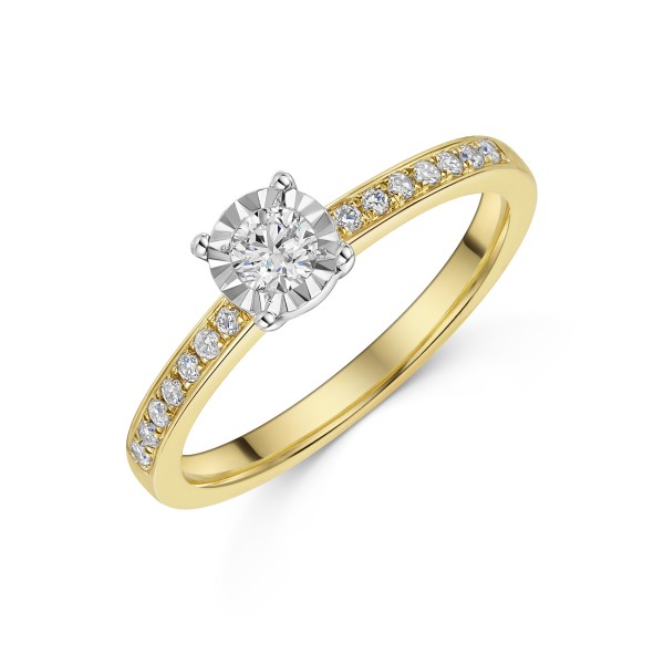9ct Yellow Gold Illusion Set 0.25ct Round Brilliant Diamond Ring with Channel Set Shoulders 