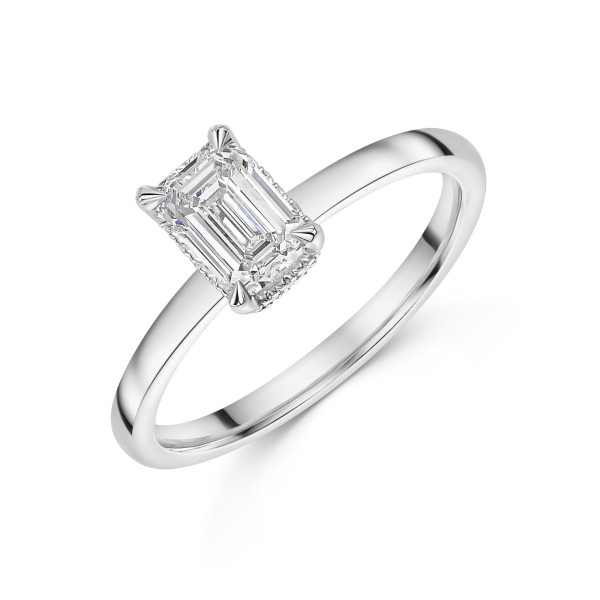 Platinum V-Shape 0.75ct Emerald Cut Diamond Solitaire Ring With Diamond Accent