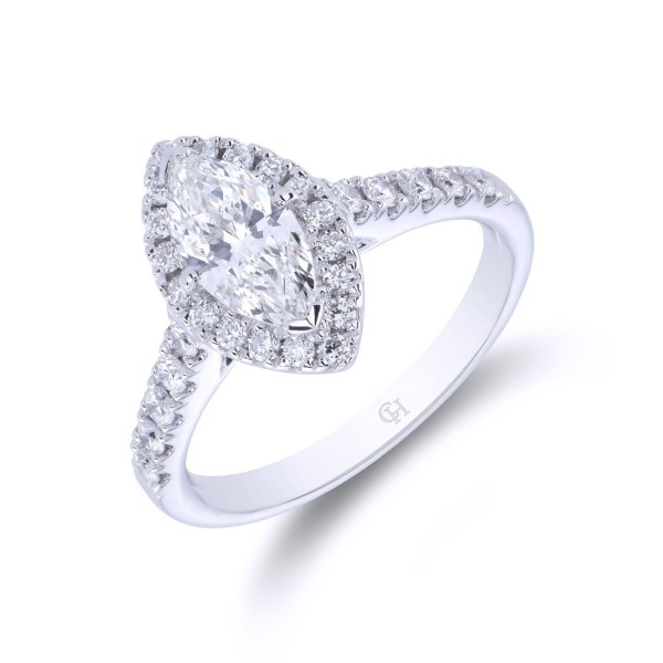 Platinum Marquise 0.75ct Diamond Halo Ring with Diamond Set Shoulders
