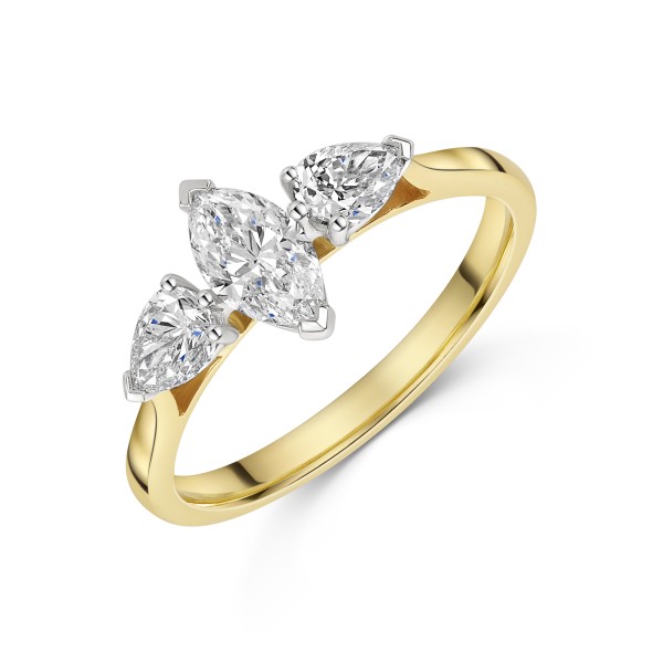 18ct Yellow Gold 0.50ct Marquise and 0.25ct Pear Cut Diamond 3 Stone Ring