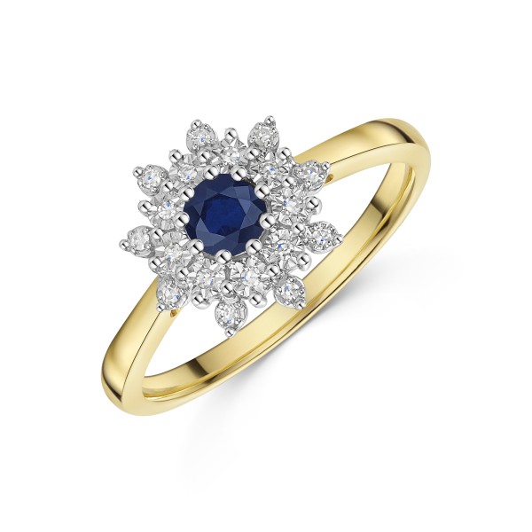9ct Yellow Gold 0.37ct Round Brilliant Sapphire with Diamond Cluster Halo Ring
