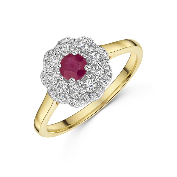 9ct Yellow Gold 0.41ct Round Brilliant Cut Ruby with Illusion Set Diamond Cluster Halo Ring