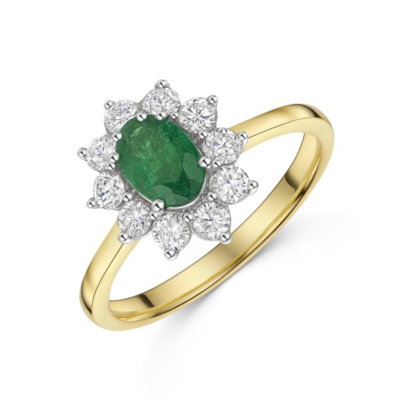 18ct Yellow Gold Oval Cut 1.14ct Emerald and Diamond Halo Cluster Ring