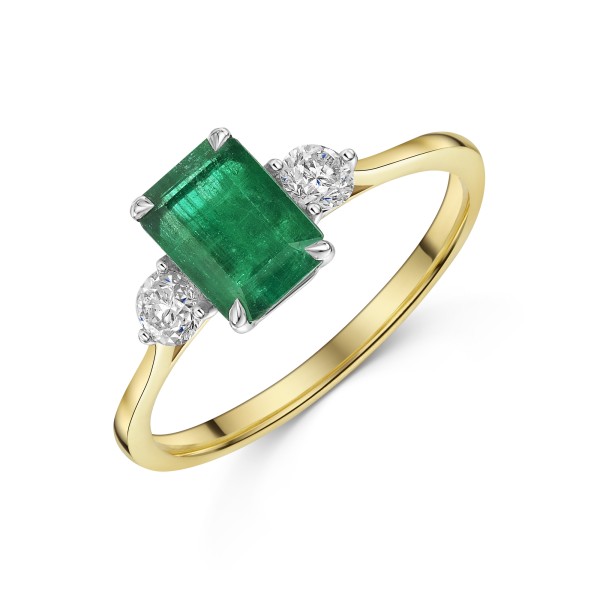 18ct Yellow Gold Emerald Cut 1.75ct Emerald and Round Brilliant Diamond 3 Stone Ring