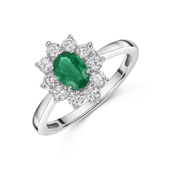 Platinum Oval Cut 1.26ct Emerald and Diamond Halo Cluster Ring