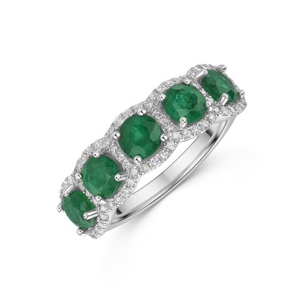 Platinum Round Brilliant 2.11ct Emerald and Diamond Halo 5 Stone Ring