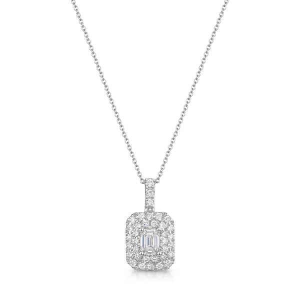 18ct White Gold 0.55ct Double Halo Emerald Cut Diamond Pendant