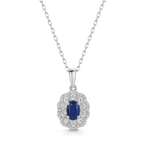 9ct White Gold 0.65ct Oval cut Sapphire with Illusion Set Diamond Halo Pendant 0.72tw
