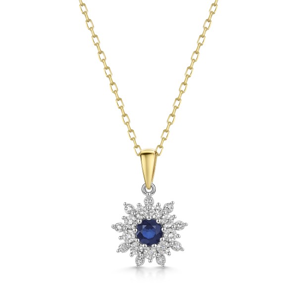 9ct Yellow Gold 0.40ct Round Brilliant Sapphire with Diamond Cluster Halo Pendant
