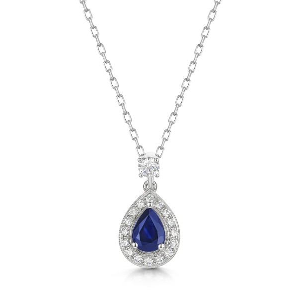 18ct White Gold Pear Cut Blue Sapphire with Diamond Halo Drop Pendant