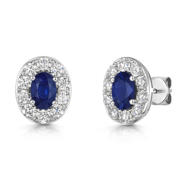 18ct White Gold Oval Cut Sapphire 1.15ct with Diamond Halo Earrings
