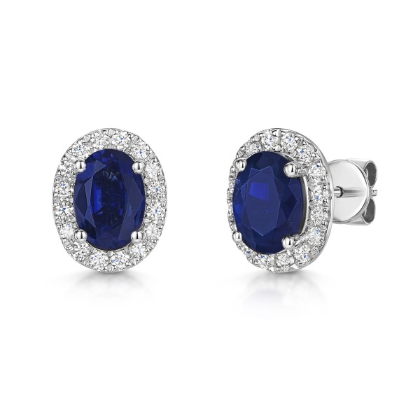 18ct White Gold 0.60ct Oval Cut Blue Sapphire 1.90ct with Diamond Halo Drop Earrings