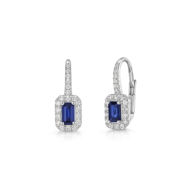 18ct White Gold Octagonal Cut Sapphire with Diamond Halo Drop Earrings 0.90ct