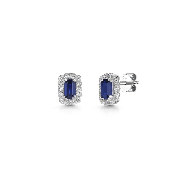 18ct White Gold Octagonal Cut 0.65ct Blue Sapphire with Diamond Halo Earrings