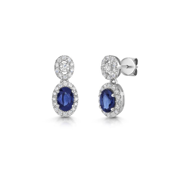 18ct White Gold Oval Sapphire with Diamond Halo Drop Earrings 1.60ct