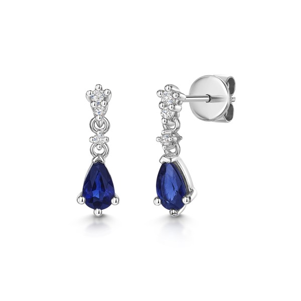 18ct White Gold Pear Cut Blue Sapphire 0.50ct and Diamond Drop Earrings