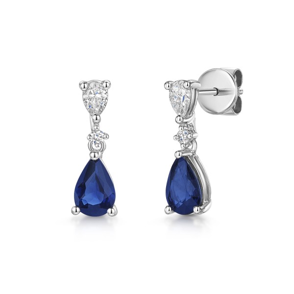18ct White Gold Pear Cut Blue Sapphire 1.00ct and Diamond Drop Earrings
