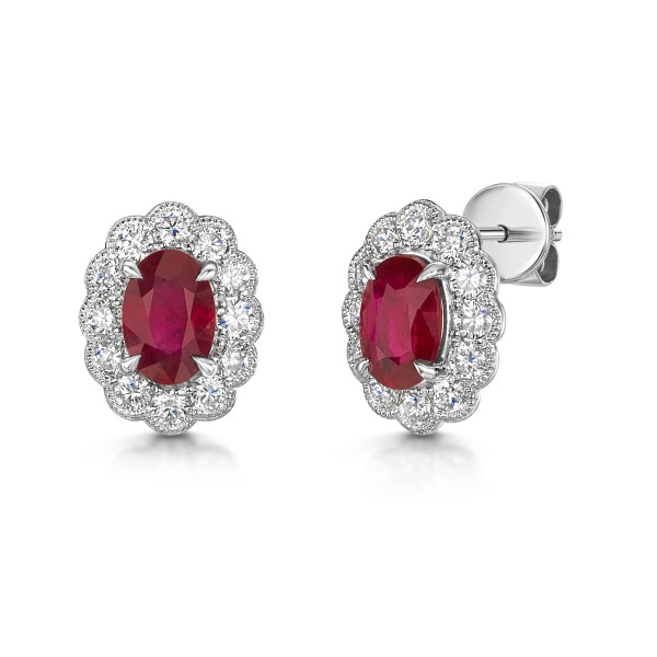 18ct White Gold Oval Cut Ruby 1.00ct with Diamond Halo Earrings
