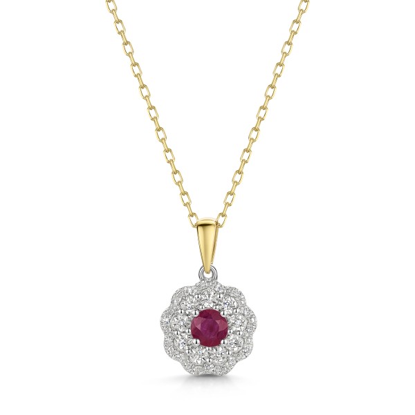9ct Yellow Gold 0.48ct Round Brilliant Cut Ruby with Illusion set Diamond Cluster Halo Pendant
