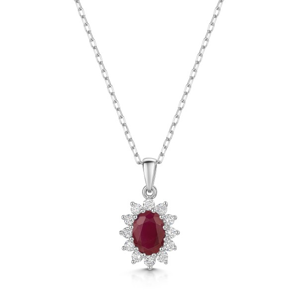 18ct White Gold 0.83ct Oval Ruby and 0.31ct Diamond Pendant