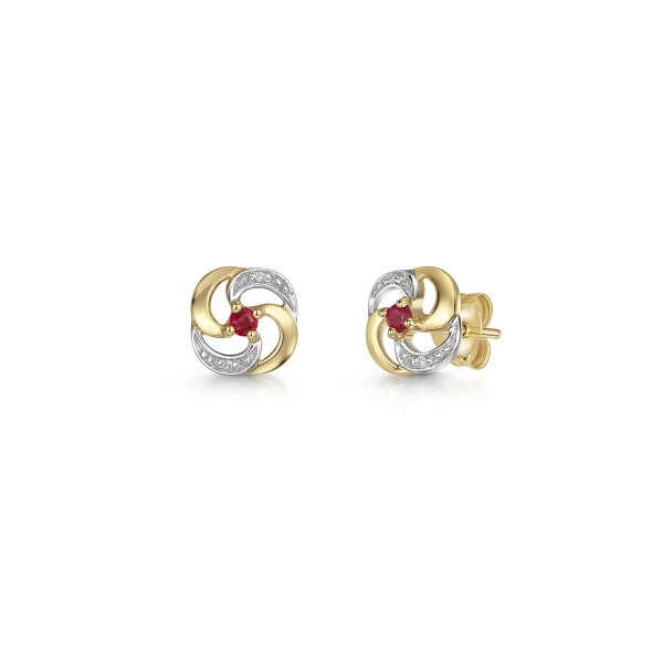 9ct Yellow & White Gold Two-Tone Round Brilliant 0.21ct Ruby & Diamond Knot Earrings