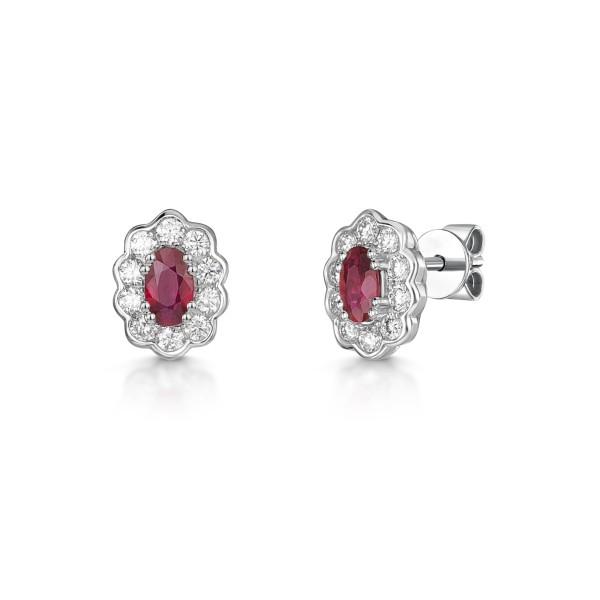 18ct White Gold 0.52ct Oval Ruby & Diamond Halo Earrings