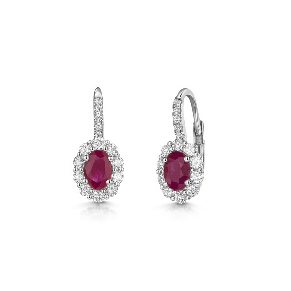 18ct White Gold Oval Cut Ruby with Diamond Halo Drop Earrings 1.70ct