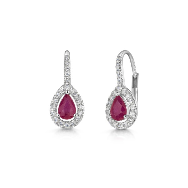 18ct White Gold Pear Cut Ruby 0.85ct with Diamond Halo Drop Earrings