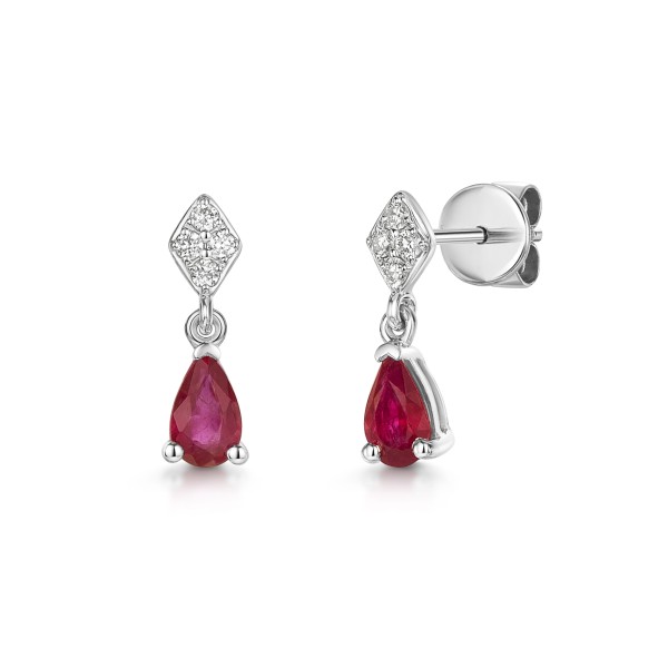 18ct White Gold Pear Cut Ruby 0.55ct with Diamond Drop Earrings
