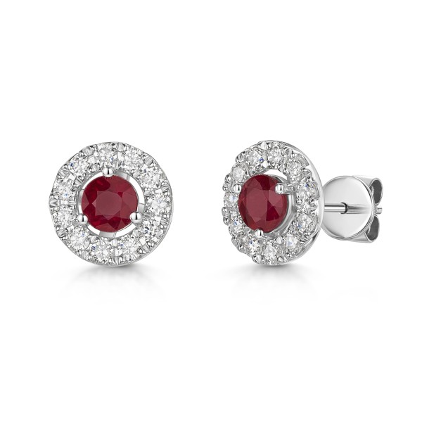 18ct White Gold Round Brilliant Cut Ruby 0.65ct and Diamond Halo Earrings