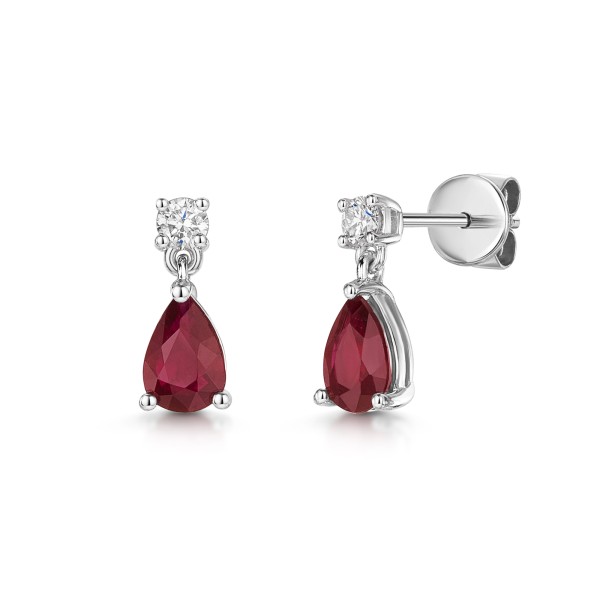 18ct White Gold Pear Cut Ruby 0.85ct and Diamond Earrings