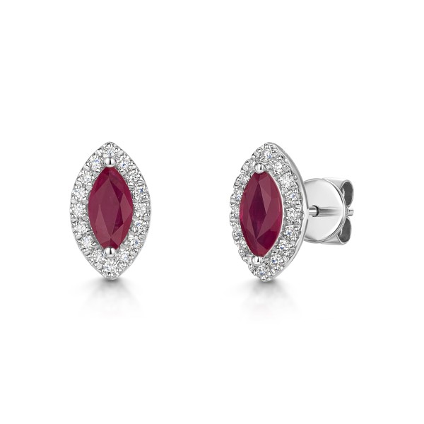 18ct White Gold Marquise Cut Ruby 0.60ct and Diamond Halo Earrings