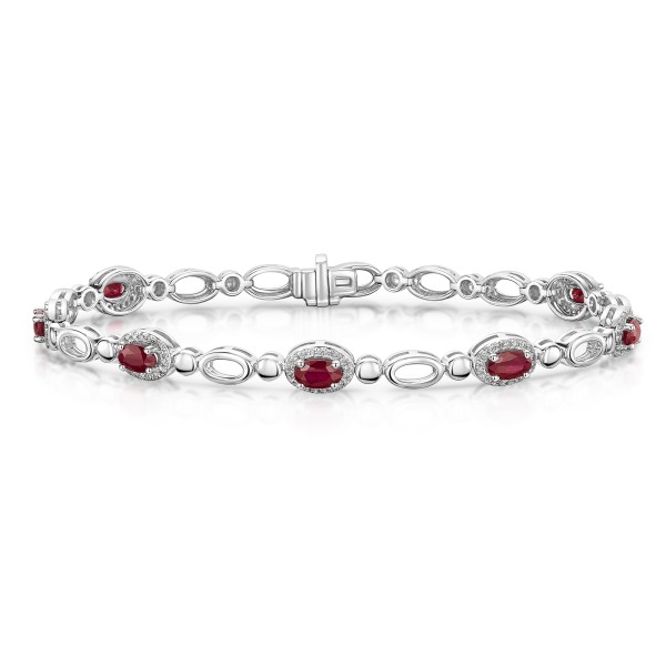 18ct White Gold Oval Cut Ruby and Diamond Halo Cluster Bracelet