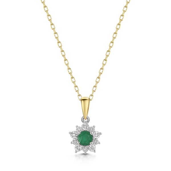 9ct Yellow Gold 0.23ct Round Brilliant Emerald with Diamond Cluster Halo Pendant