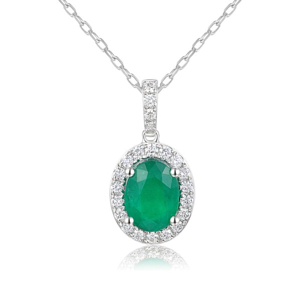 18ct White Gold 1.45ct Oval Cut Emerald and Diamond Halo Pendant