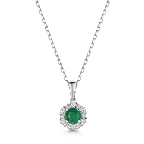 18ct White Gold Round Brilliant 0.50ct Emerald with 0.20ct Diamond Halo Pendant